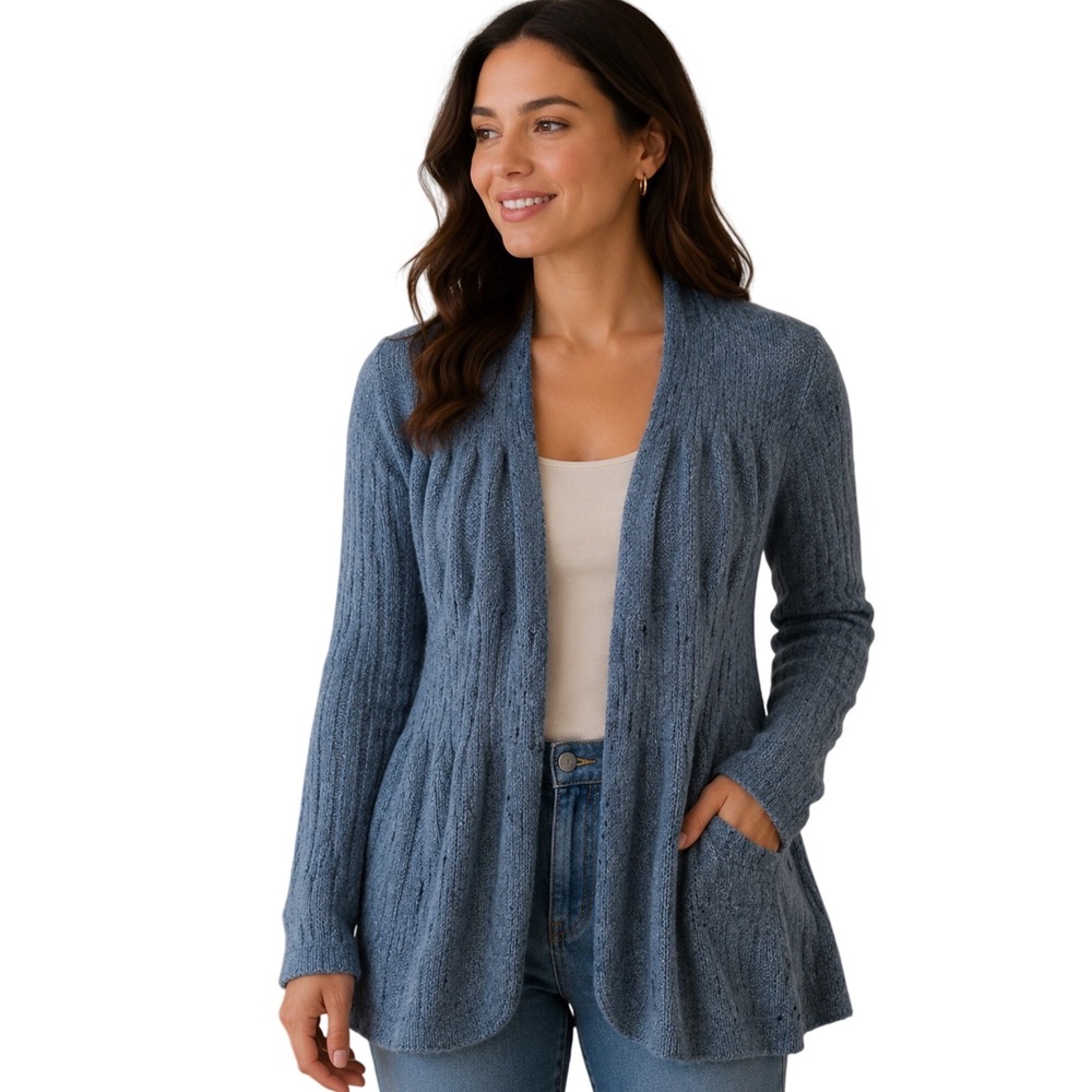 Eileen Fisher 100% Baby Alpaca Open Front Cardigan Blue Textured Knit Sweater L